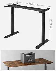 Cadru pentru birou electric reglabil negru din metal, 107,5-175 x 60 x 69-115 cm, Songmics