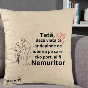 Cadou pentru Tata - Perna Personalizata Tata Nemuritor Bicicleta, 40x40 cm, Bej, Husa Detasabila, Perna Inclusa, BEKZ®