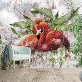 Fototapet - Flamingo pe zid de beton (147x102 cm)