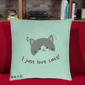Perna Personalizata I Just Love Cats Pisica Kawaii, 40x40 cm, Verde Menta, Husa Detasabila, Perna Inclusa, BEKZ®