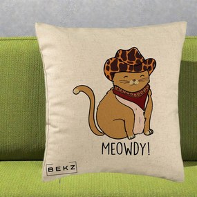 Perna Decorativa Pisica Cowboy Meowdy, 40x40 cm, Bej, Husa Detasabila, Perna Inclusa, BEKZ®