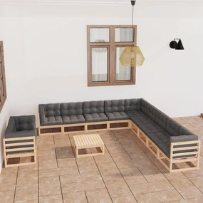 3076989 vidaXL Set mobilier grădină cu perne, 12 piese, lemn masiv de pin