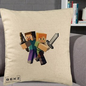 Perna Personalizata Minecraft Steve si Alex, 40x40 cm, Bej, Husa Detasabila, Perna Inclusa, BEKZ®