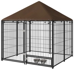 PawHut Gard pentru Câini din Metal cu Ușă pentru Boluri, Gard pentru Câini de Exterior cu Acoperiș, 141x141x151 cm, Negru și Maro