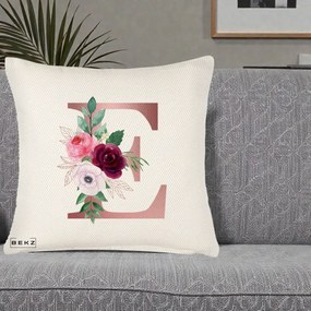 Cadou Personalizat - Perna Personalizata Monograma Rose Gold Litera E, 40x40 cm, Crem Reliefat, Husa Detasabila, Perna Inclusa, BEKZ®