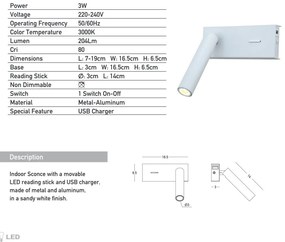 Aplica de perete cu spot LED directionabil, USB Charger Nihad alba