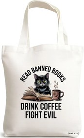 Sacosa de Panza pentru Cumparaturi, Geanta Tote, model Read Banned Books, 38 x 34.5 cm, Alba, BEKZ®
