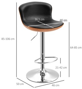 HOMCOM Set de 2 Taburet de Bar Design Contemporan Înălțime șezut reglabil 64-85 cm rotire 360° acoperire sintetică Negru Imitație Lemn | Aosom Romania