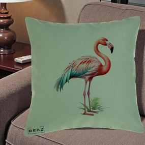 Perna Decorativa Flamingo Roz cu Pene Teal, 40x40 cm, Verde, Husa Detasabila, Perna Inclusa, BEKZ®
