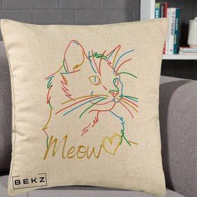 Perna Personalizata Pisica Meow Arta Linie Colorata, 40x40 cm, Bej, Husa Detasabila, Perna Inclusa, BEKZ®