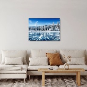 Tablou pe sticlă cu lacul înghețat și copacii înzăpeziți (70x50 cm)