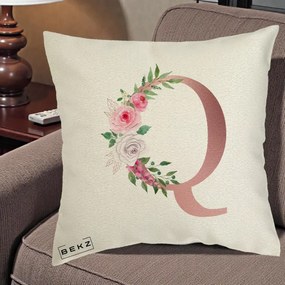 Cadou Personalizat - Perna Personalizata Monograma Rose Gold Litera Q, 40x40 cm, Ecru, Husa Detasabila, Perna Inclusa, BEKZ®