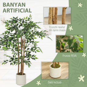 HOMCOM Plantă Artificială Banian 120 cm, cu Trunchi din Lemn Masiv și Ghiveci pentru Interior, Verde | Aosom Romania