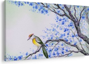 Tablou - Pasăre pe un copac cu flori albastre (90x60 cm)
