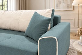 Canapea extensibilă Ondina din stofă, verde marin + crem, cu ladă de depozitare