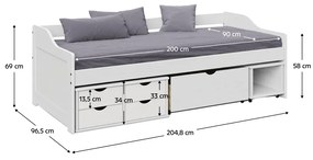 Pat cu spaţiu de depozitare, alb, lemn masiv, 90x200, MAXI NEW