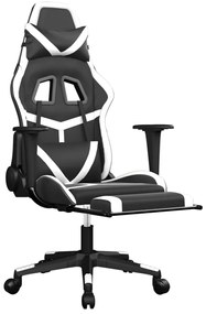 Scaun de gaming masaj suport picioare alb negru piele eco 1, Alb si negru, Cu suport de picioare