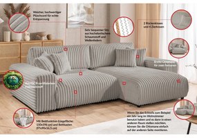 Colțar gri deschis extensibil, cu spațiu de depozitare, cu tapițerie din catifea reiată (cu colț pe partea dreaptă) Sarina – Ropez