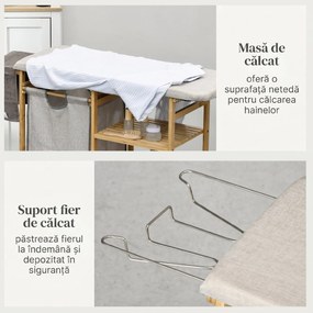 HOMCOM Coș de Rufe din Bambus cu Masă de Călcat și Suport de Călcat, Coș de Rufe cu Raft cu 3 Niveluri, 113x34x82 cm, Gri