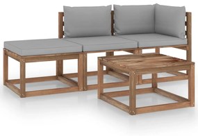 Set mobilier gradina paleti cu perne, 4 piese, lemn pin tratat Gri, colt + mijloc + suport pentru picioare + masa, 1