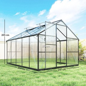 Seră de grădină Outsunny din aluminiu și policarbonat, 7,5㎡, cu ușă cu balamale, 2 ferestre reglabile, sistem de drenaj, anti-UV, 304x247x205cm, negru | Aosom Romania