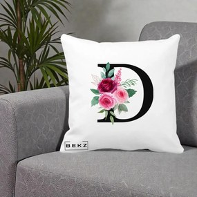 Cadou Personalizat - Perna Personalizata Monograma Florala Litera D, 40x40 cm, Alba Mata, Husa Detasabila, Perna Inclusa, BEKZ®