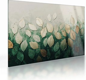 Tablou pe sticlă - Frunze verzi-aurii (70x50 cm)