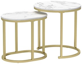 HOMCOM Set 2 Măsuțe de Cafea cu Blat cu Efect de Marmură din MDF și Oțel, Ø50x50.5 cm și 60x36x43.5 cm, Alb și Auriu | Aosom Romania