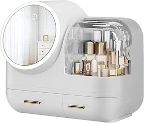 Organizator cosmetic cu Ventilator, Oglindă iluminare LED, rotativă 360 grade, portabilă, incarcare USB, depozitare compartimentata, cu sertare, 31x37,5x22 cm, Alb