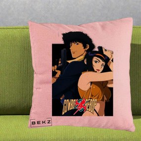 Perna Personalizata Cowboy Bebop Spike si Faye Poster, 40x40 cm, Roz, Husa Detasabila, Perna Inclusa, BEKZ®