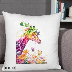 Perna Decorativa Girafa Curcubeu Acuarela, 40x40 cm, Alb Pufos, Husa Detasabila, Perna Inclusa, BEKZ®