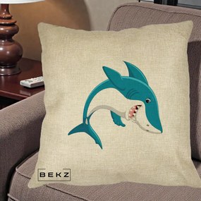 Perna Decorativa Rechin Albastru Cartoon, 40x40 cm, Crem, Husa Detasabila, Perna Inclusa, BEKZ®