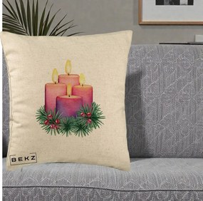 Perna Decorativa Lumanari Advent Roz-Violet, 40x40 cm, Bej, Husa Detasabila, Perna Inclusa, BEKZ®