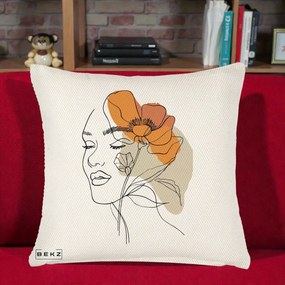 Perna Decorativa Portret Feminin Mac Mare Portocaliu, 40x40 cm, Crem Reliefat, Husa Detasabila, Perna Inclusa, BEKZ®