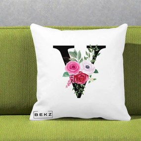 Cadou Personalizat - Perna Personalizata Monograma Florala Litera V cu Buchet, 40x40 cm, Alba Mata, Husa Detasabila, Perna Inclusa, BEKZ®