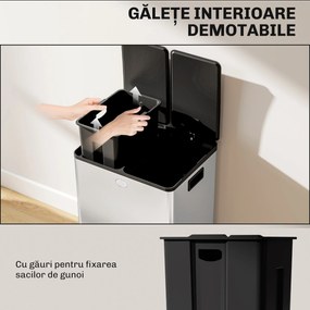 HOMCOM Coș de Gunoi cu Pedală, 2 x 20L, din Oțel, cu Capace Silențioase și Găleți Interioare Detașabile, Argintiu | Aosom Romania