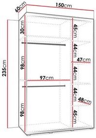 Dulap de haine cu uși culisante Foktra 3 150 (Cașmir + Negru) (cu oglindă). 1105699