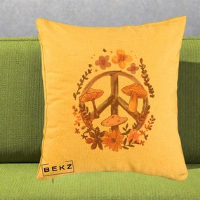 Perna Decorativa Peace Sign Ciuperci Floral, 40x40 cm, Galben, Husa Detasabila, Perna Inclusa, BEKZ®