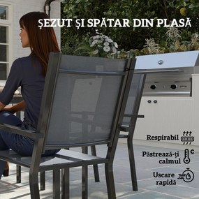 Outsunny Set Masă de Grădină cu Scaune, 7 Piese, Set de Prânz cu Masă cu Blat din Lemn Compozit cu Șipci și 6 Scaune de Exterior Stivuibile, Mobilier din Oțel cu Texteline, Gri și Negru | Aosom Romania