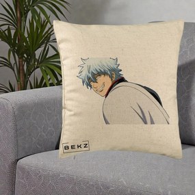 Perna Personalizata Gintama Gintoki Portret cu Zambet, 40x40 cm, Bej, Husa Detasabila, Perna Inclusa, BEKZ®