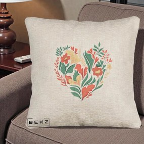 Perna Decorativa Inima Florala Botanica, 40x40 cm, Bej Canapea, Husa Detasabila, Perna Inclusa, BEKZ®