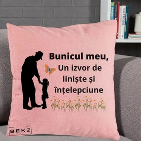 Cadou pentru Bunic - Perna Personalizata Bunicul Meu Izvor de Liniste cu Fluture si Fetita, 40x40 cm, Roz, Husa Detasabila, Perna Inclusa, BEKZ®