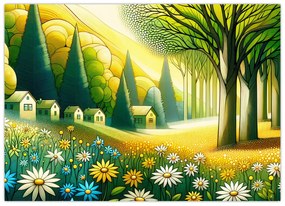 Tablou pe sticlă - Sat în galben-verde (70x50 cm)