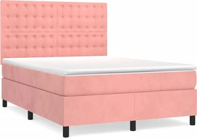 vidaXL Pat box spring cu saltea, roz, 140x190 cm, catifea
