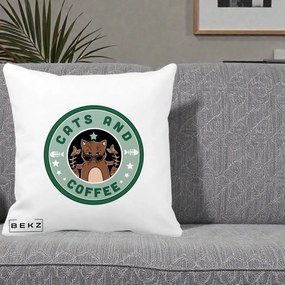 Perna Personalizata Cats and Coffee Starbucks, 40x40 cm, Alba Mata, Husa Detasabila, Perna Inclusa, BEKZ®