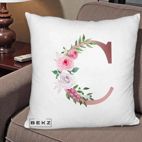 Cadou Personalizat - Perna Personalizata Monograma Rose Gold Litera C, 40x40 cm, Alb Pufos, Husa Detasabila, Perna Inclusa, BEKZ®