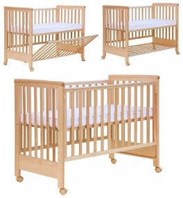 Patut co-sleeping 120x60 cu laterala culisanta total si roti Treppy Dreamy Plus, integral din lemn masiv fag, reglabil pe 5 nivele, include sistem de ancorare, certificat TUV, EN716-1, EN716-2, culoare natur