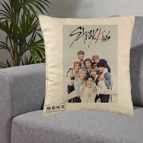 Perna Personalizata K-pop Stray Kids cu Foto Grup Alb-Albastru, 40x40 cm, Bej, Husa Detasabila, Perna Inclusa, BEKZ®