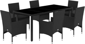 vidaXL Set mobilier de grădină cu perne 7 piese negru poliratan&sticlă