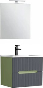 Trent mobilier de baie 60 cm chiuvetă ceramică (2 sertare) cu oglindă 60x80 cm verde fistic-gri antracit